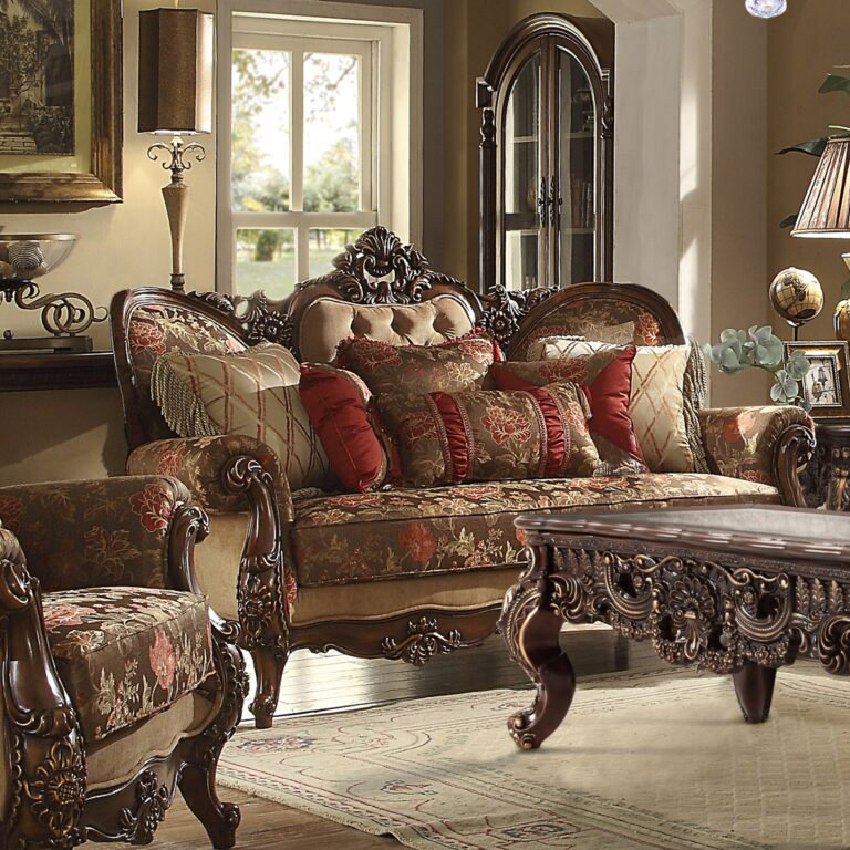 Dark Oak Hand Carved Victorian Loveseat with Floral Print Fabric