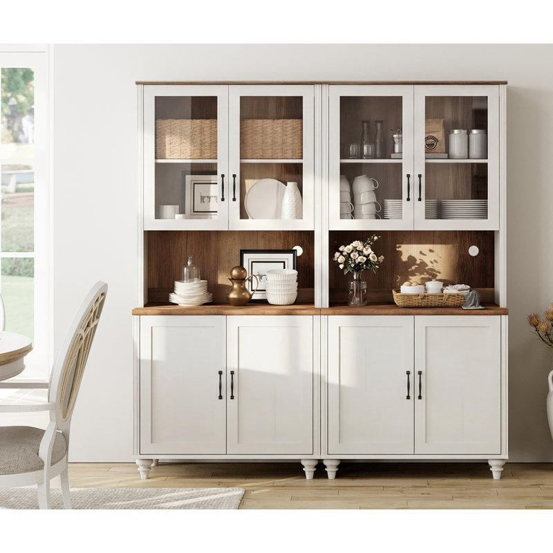 Buffet Corretta avec portes vitrées et meuble bar, meuble de rangement en bois, blanc, 173 cm (68 po), White