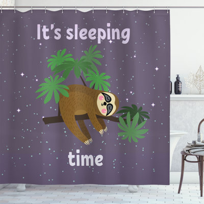 East Urban Home Sloth Shower Curtain Sleeping Time Wording Cartoon Plum Brown Green -  F2776C7CAD7C47E9A117EA10F5B09F7E