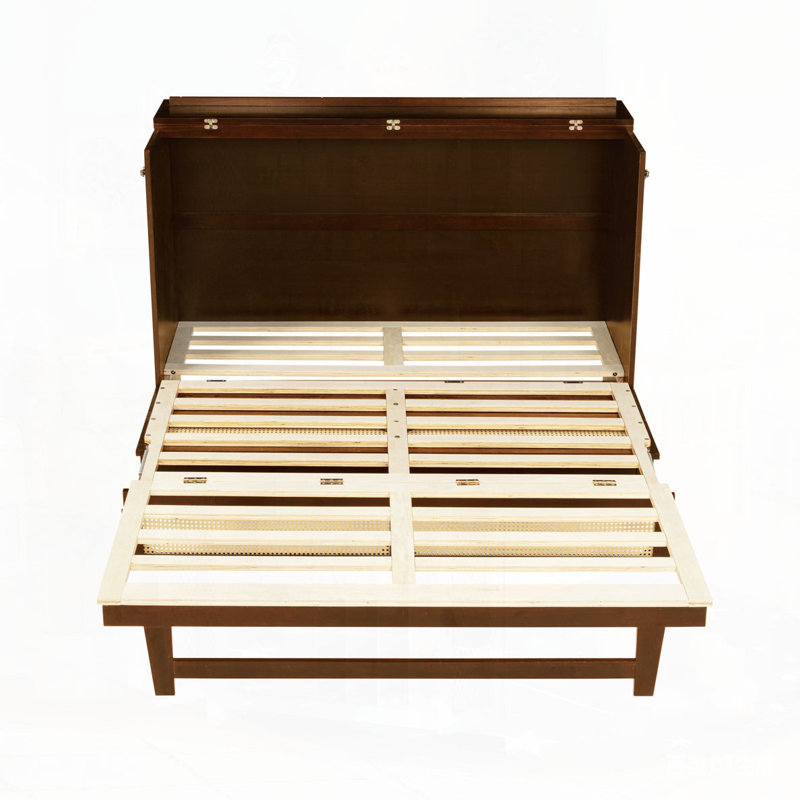 Grand lit escamotable, armoire-lit en bois de pin avec décoration en rotin et tiroir de rangement, Noyer