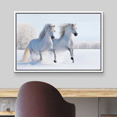 Horse " Duo Of White Stallion In Snowy Winter Forest Field "