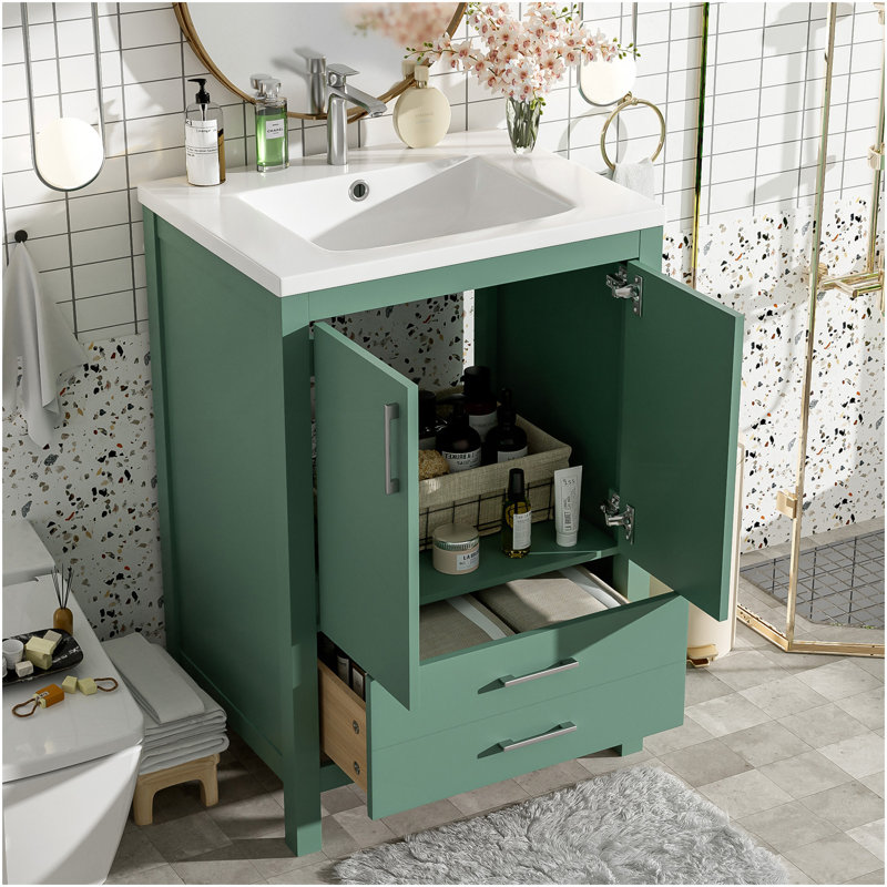 24'' Bathroom Vanity With Ceramic Sink Combo, Modern Freestanding Storae Cabinet  With Silver Handles,  Soft Closing Doors