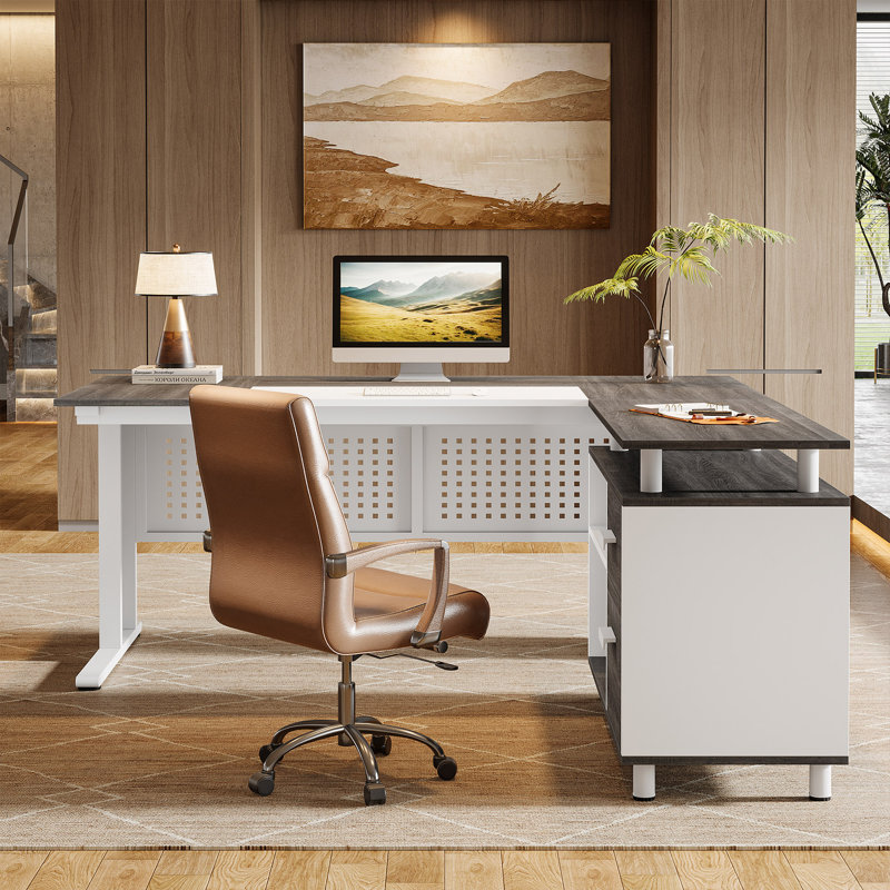 Bureau de direction 63 pouces avec classeur, grand bureau d'ordinateur avec tiroirs et tablettes de rangement, Gris / Blanc