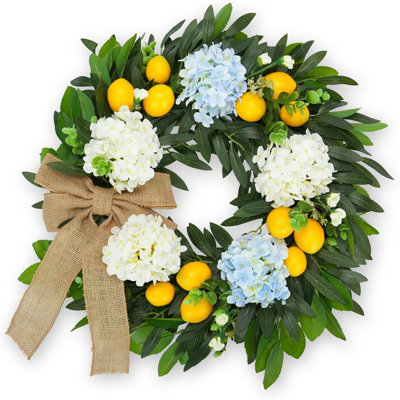 Couronne de citron pour la porte d'entrée, couronne de printemps et d'été pour l'extérieur avec hortensias, verdure et nœud en toile de jute, couronne florale d'agrumes artificiels pour fenêtre de porche de ferme décor de cuisine