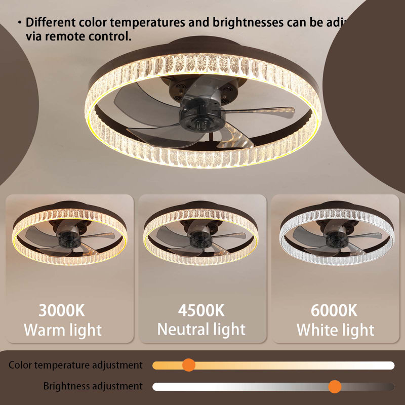 20" Low Profile Ceiling Fan With Light & Remote, Dimmable Led, 6-Speed, Timing Reversible Blades, Crystal Ring Design