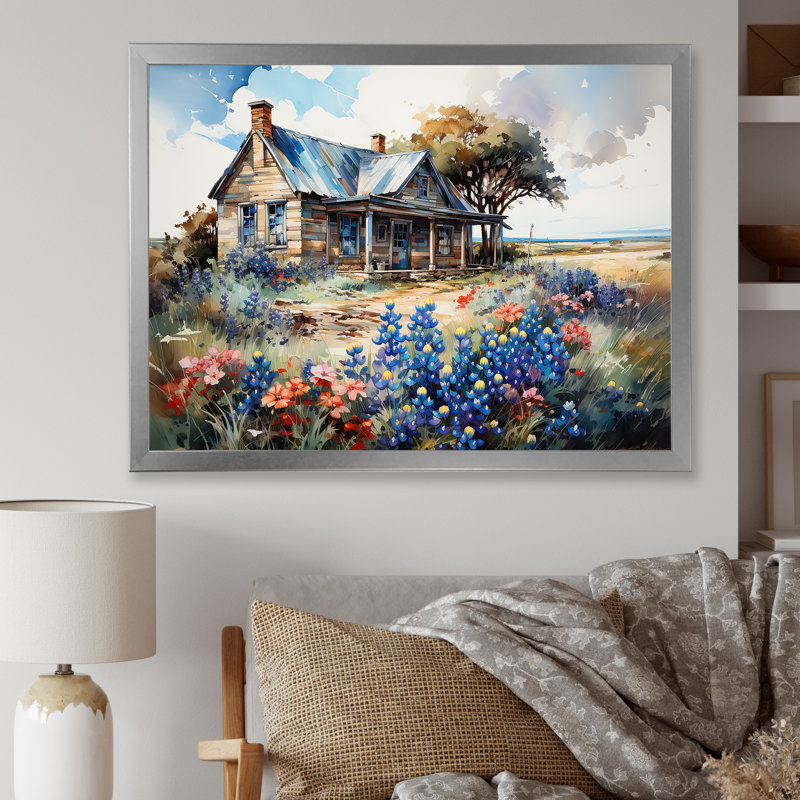 «Blue Bonnets Farm Charm» sur toile, H 30 po x l 40 po x P 1,5 po, Cadre simple argenté