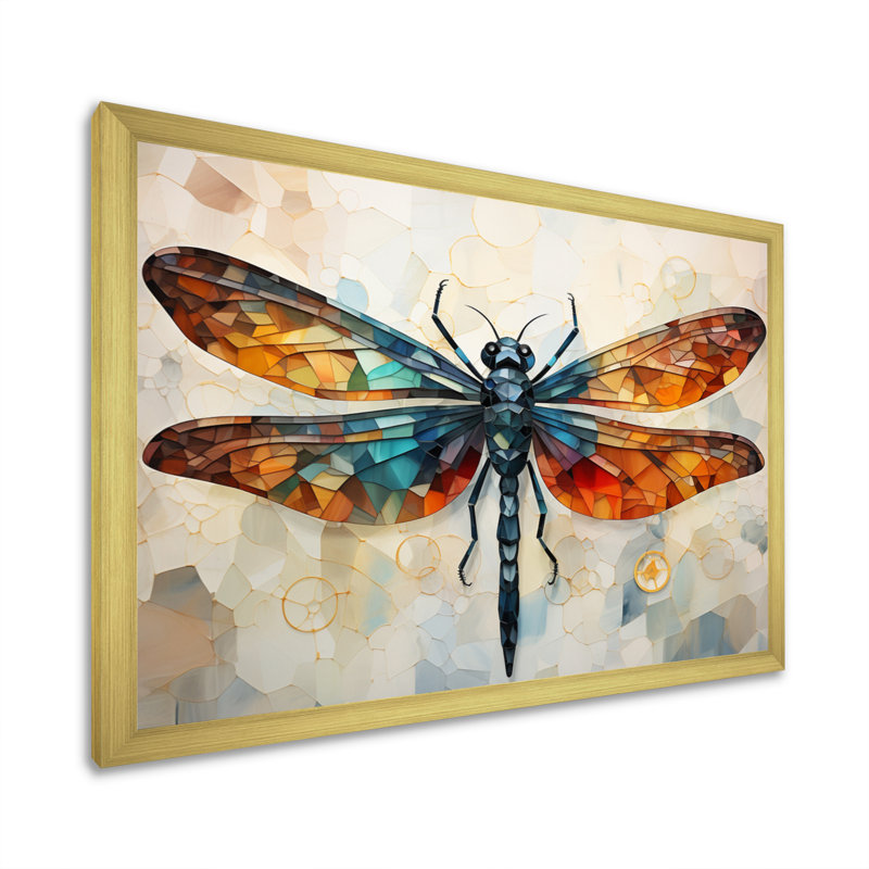 Libellule orange, insectes, vol géométrique I - Libellule, art mural, H 16 po x l 32 po x P 1 po, Cadre doré simple