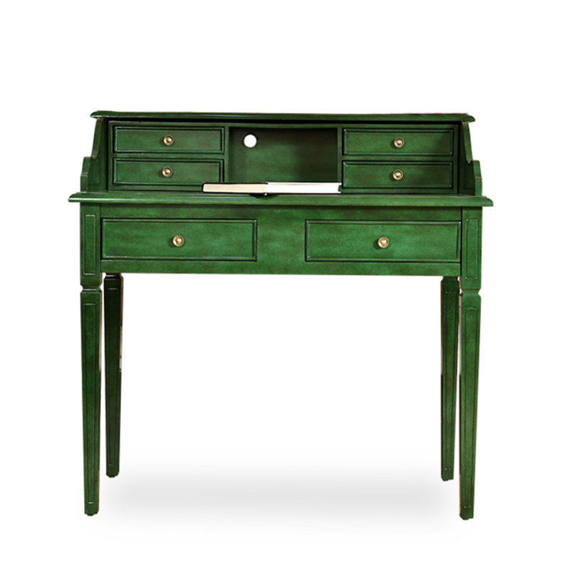 Bureau vert vieilli à la main avec plusieurs tiroirs