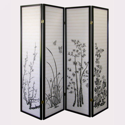 70" Tall 4-Panel Screen / Room Divider, Floral Design With Black Finish