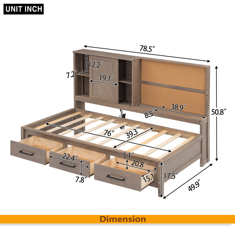 Lit de jour simple avec tablettes de rangement, planche de liège, ports USB et 3 tiroirs, Bois antique