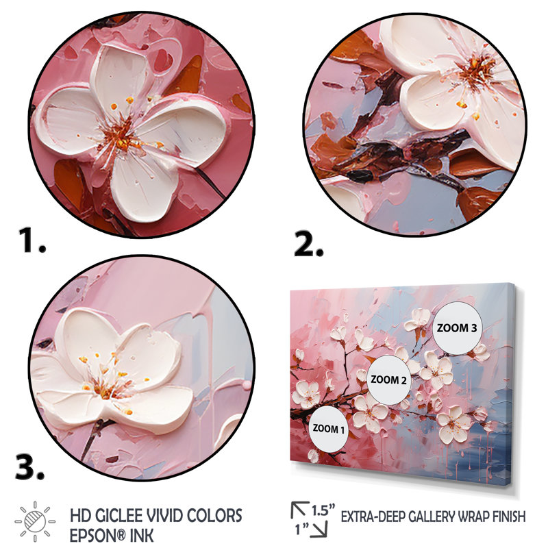 Cerisier blanc et rose Bloom III - art mural cerise, H 12 po x l 20 po x P 1 po, Cadre flottant brun