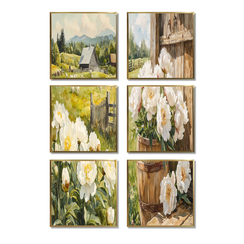 Fermes de pivoines à la ferme - ensemble de 6 impressions murales florales, Impression encadrée sans passe-partout, Doré