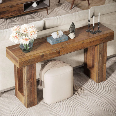 Console en bois naturel de 63 pouces avec plateau épais et pieds épais - Canapé rustique de style campagnard pour entrée, salon ou couloir - Fabrication en bois massif
