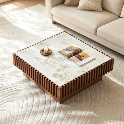 Table basse contemporaine en bois cannelé de 90 cm (35,4 po) avec dessus en pierre et tiroir dissimulé, placage en noyer, entièrement assemblée