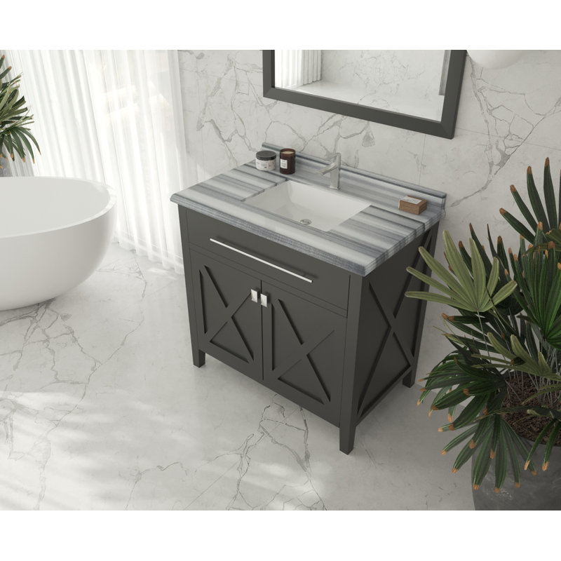 Pyles 36'' Single Bathroom Vanity with Solid Surface Top, Espresso, White Stripes