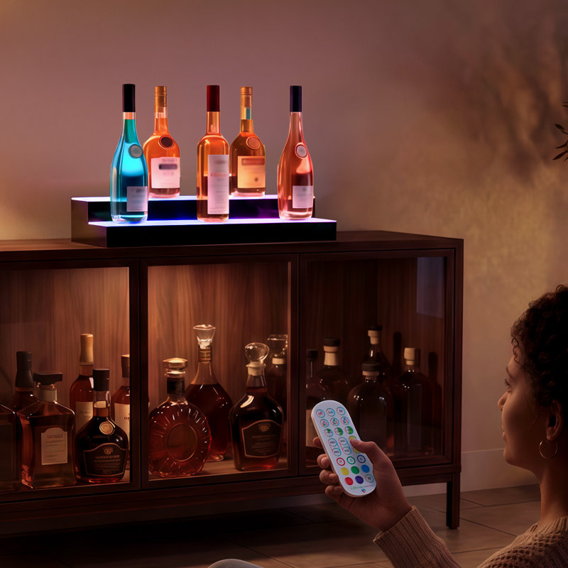 Présentoir de bouteilles de boissons alcoolisées à DEL avec 2 niveaux de 24 pouces, support pour USB, affichage de tablette de bar illuminé en acrylique avec télécommande RF et contrôle de l'application, 9 couleurs statiques, mode minuterie, pour 12 à 16 bouteilles