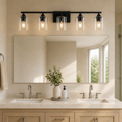 Grande applique de salle de bain principale 5 lumières noire matte en métal noir mat avec abat-jour en verre transparent pour miroir de meuble-lavabo extra large
