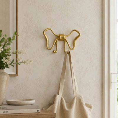 Decorative Bow Shaped Metal Wall Hook for Entryway - Artistic Wall Coat Rack with Mounted Storage and Home Decor Accent - 8", Gold