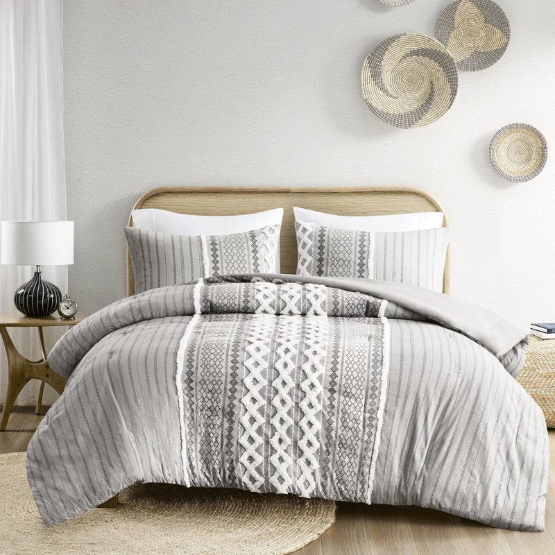 Édredon très grand / très grand gris, 100% coton avec chenille, motif, rembourrage, 2 taies décoratives assorties, très grand chenille, imprimé gris, ouverture à chevauchement