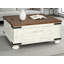 Table basse de style campagnard avec rangement et plateau relevable à charnière, finition blanche rustique vieillie, surface spacieuse avec compartiment caché