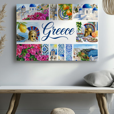 Canvas A Vibrant Watercolor Collage Celebrating Greece Showcases Iconic Elements Such Wall Art As Sun Kissed Whitewashed Buildings Canvas Wall Art