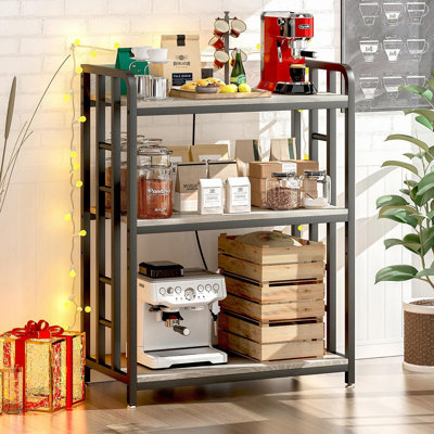 Étagère de boulanger avec prise électrique, chariot à micro-ondes réglable à 3 niveaux, support pour micro-ondes avec rangement, étagère à épices, roulettes verrouillables, coin café (gris igname)