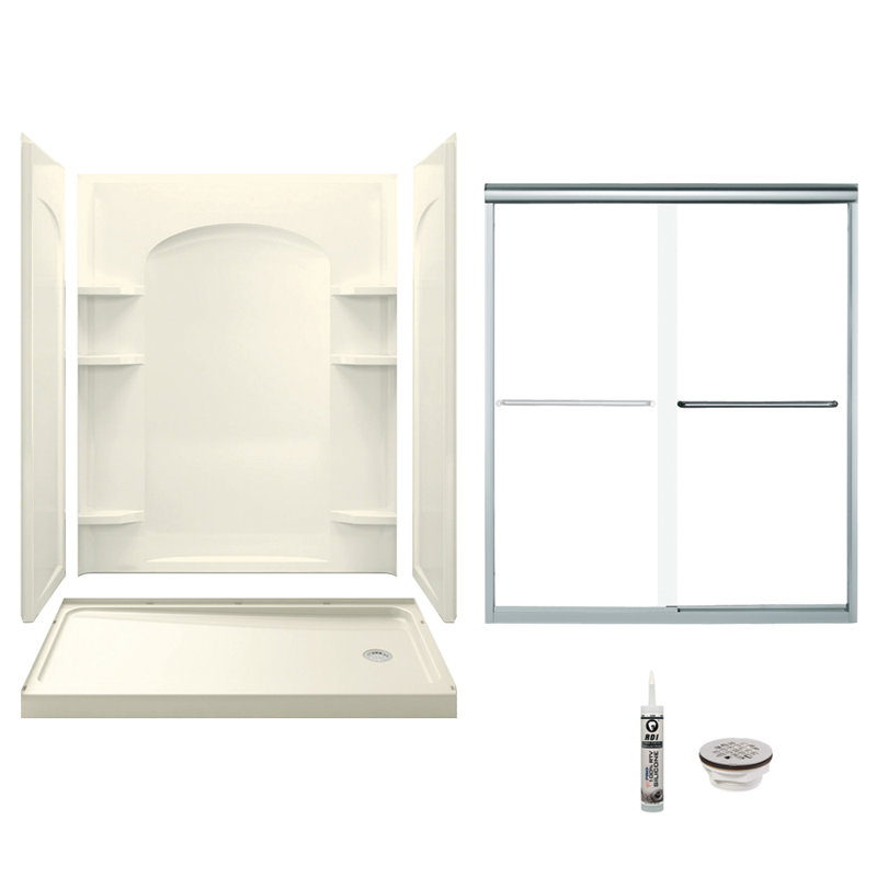 Ensemble de douche rectangulaire sans cadre de 60 po x H 74,75 po avec porte-serviettes et base inclus, Argent, Silver