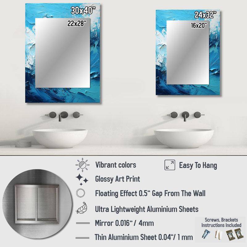Cerulean Seascape III - miroir de paysages, miroir mural moderne unique, impression d'art en métal, 40 po x 30 po