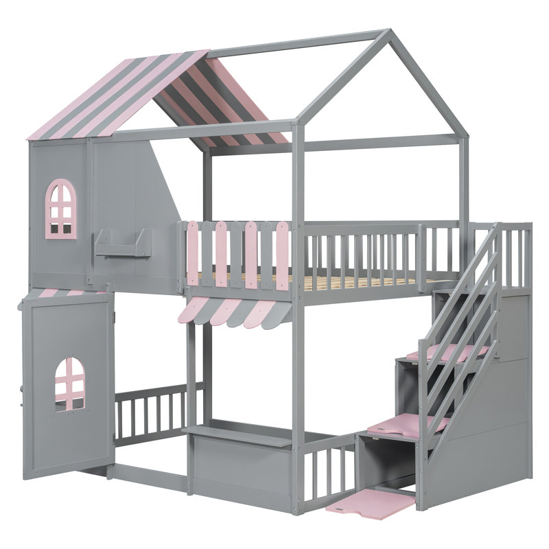 Quincy House Bunk Bed with Storage Staircase, Shelves & Playhouse Roof, Pink/Gray