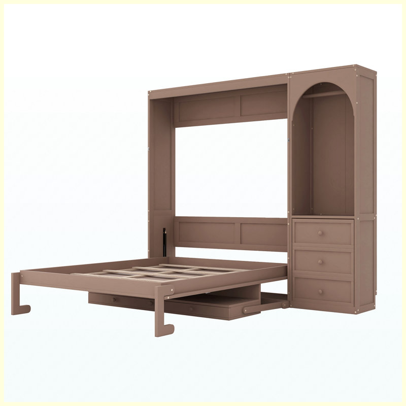 Grand lit escamotable brun avec tablettes de rangement, lumières DEL et 3 tiroirs