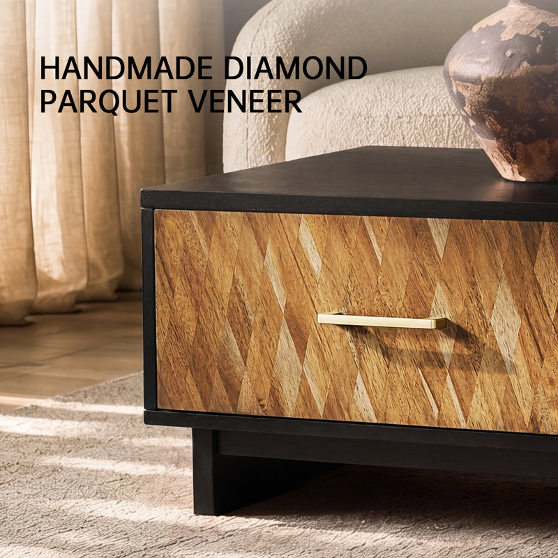 56'' Coffee Table with 4 Storage Drawers, Rectangular Rubberwood Center Table, Geometric Wood Inlay and Brass Handles for Living Room