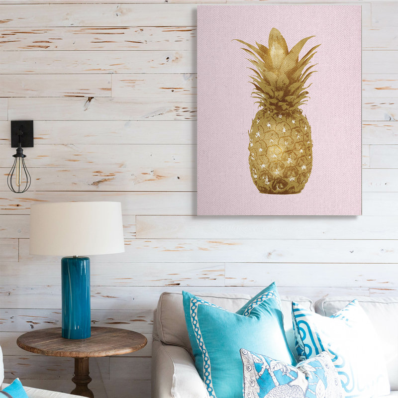 Golden Glam - ananas sur rose, Toile tendue, H 48 po x l 36 po