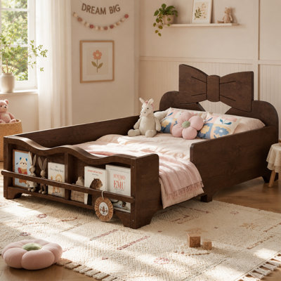 Twin Size Kids Solid Wood Platform Bed Frame with Bowknot Decorative Headboard, Wavy Safety Guardrails & Footboard Bookshelf