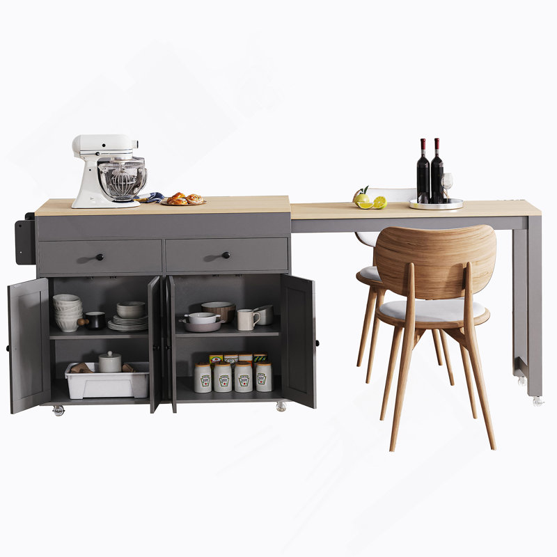 74.5 Inch Extendable Kitchen Island With Dining Table, Rolling Cart On Wheels, Spice Rack, 2 Drawers, And 4 Door Cabinet, Grey