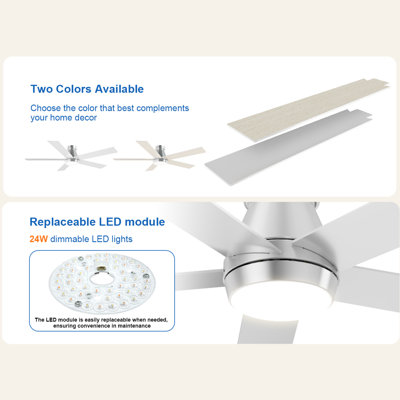 52" Ceiling Fan With Lights, Silver Flush Mount Ceiling Fans With Remote Control, 6 Speeds Dc Reversible, Dimmable, Noiseless, Low Profile Ceiling Fans For Bedroom