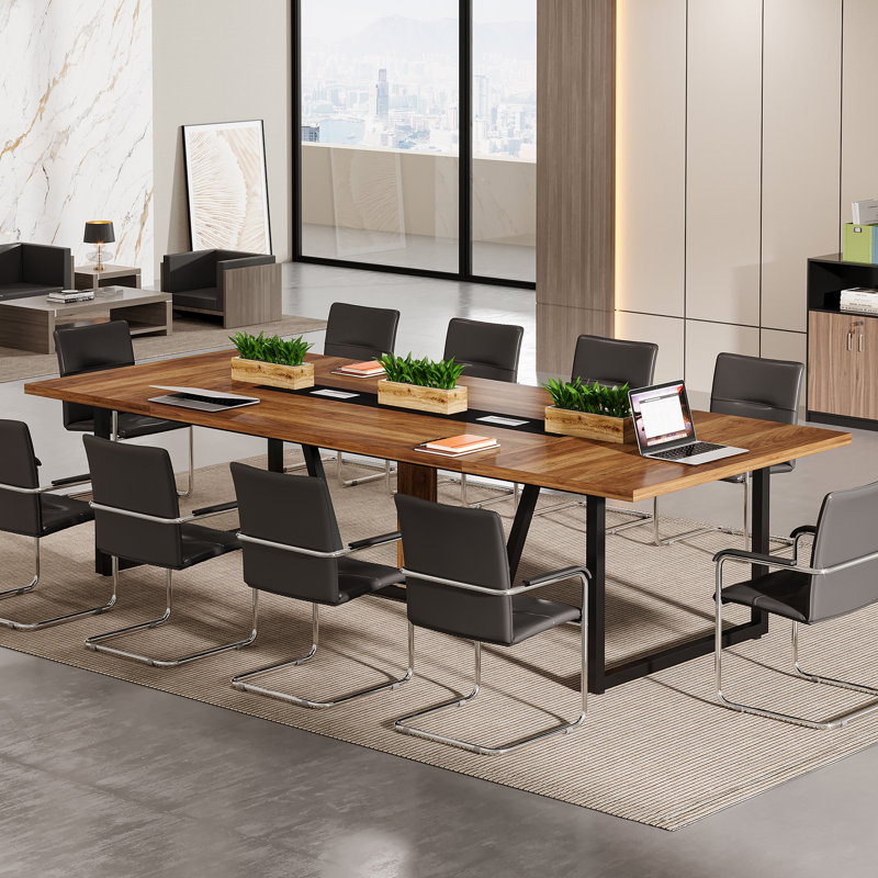 Large Conference Table, Rectangle Meeting Podcast Table, Rustic Brown/Black
