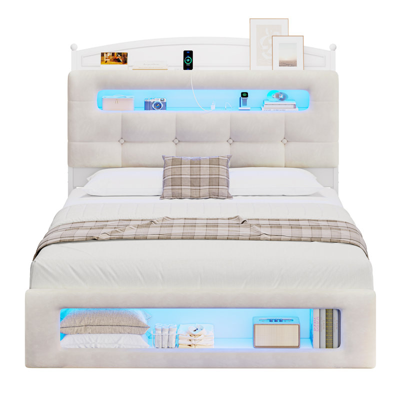Upholstered Platform Bed Frame With Led Light, Storage Headboard And Footboard, No Box Spring Needed, White, Full
