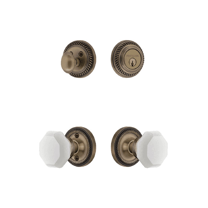 Nostalgic Warehouse Rope Rosette Entry Set with White Waldorf Crystal Knob, Antique Brass