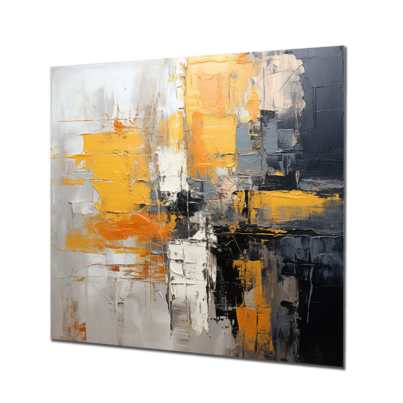 Abstrait, collage jaune et noir I - art mural abstrait en métal, H 16 po x l 16 po