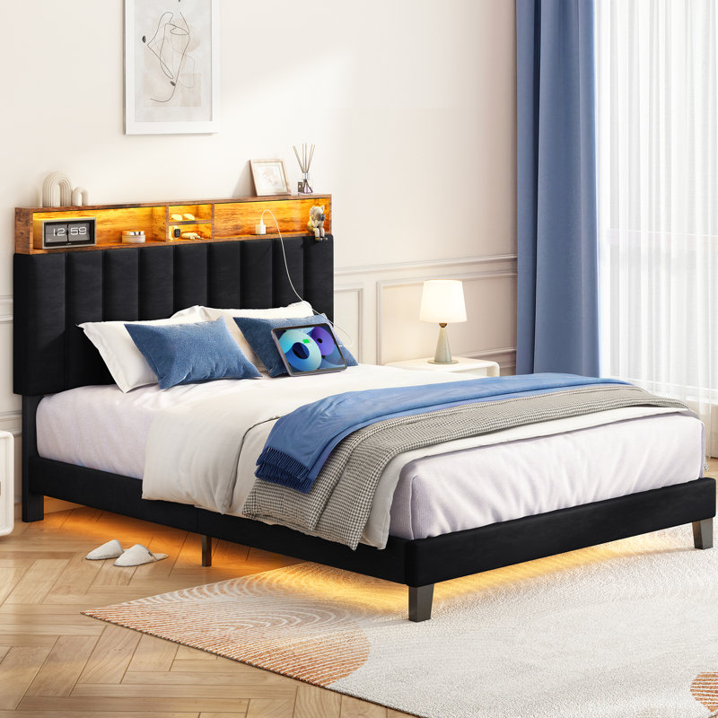 Structure de lit rembourrée avec tête de lit et tête de rangement avec lumières DEL intelligentes et station de charge USB, sans bruit, sans sommier