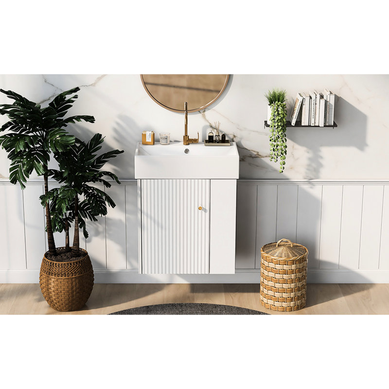 Armoire de salle de bain moderne 21,6 po - Lavabo en céramique, rangement à droite, meuble-lavabo de luxe 21,6 po avec design