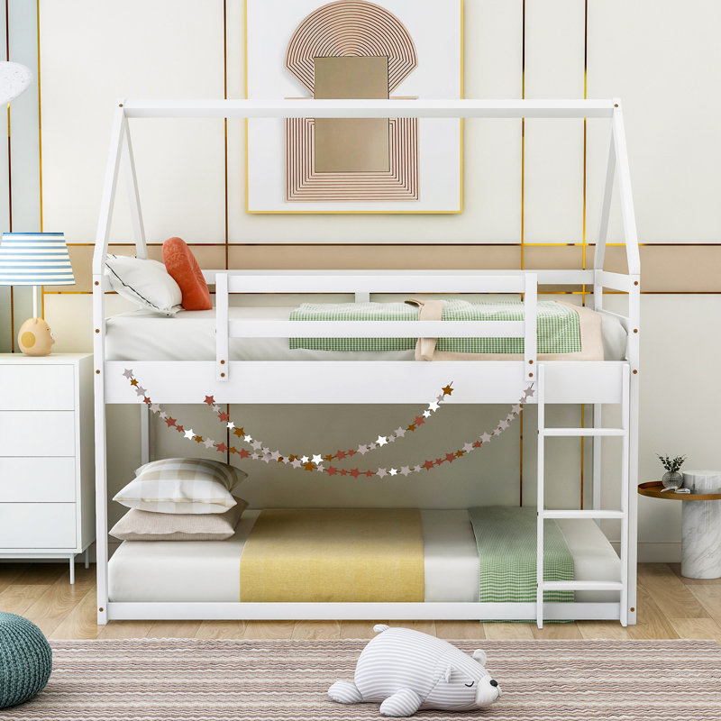 Lit superposé bas, lit maison avec échelle, Blanc