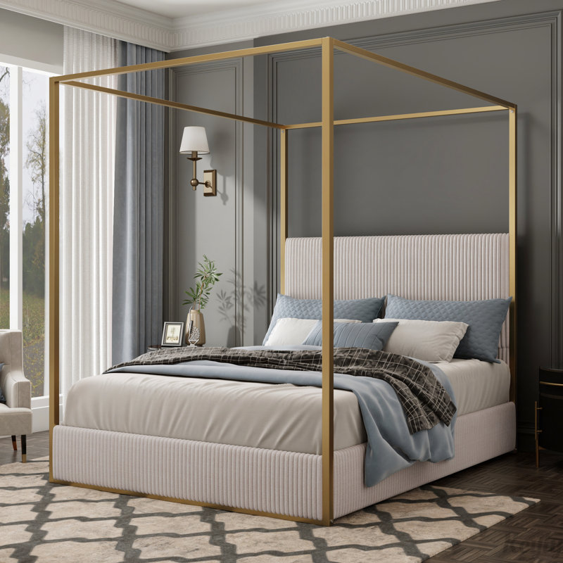 Metal Canopy Bed with Tall Upholstered Headboard and Four Poster, No Box Spring Needed, Beige/Gold, Queen