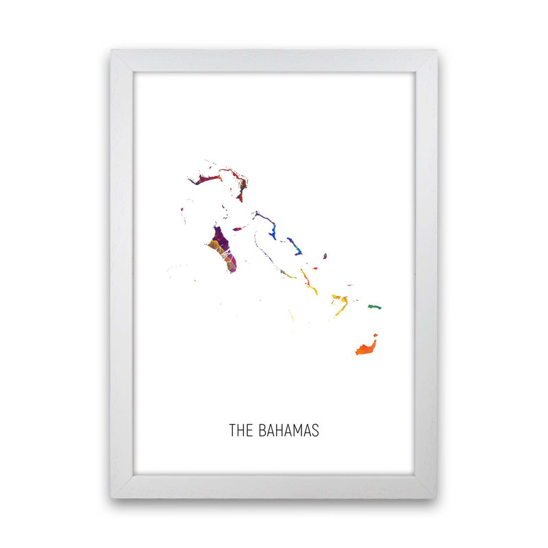 The Bahamas Watercolour Map by Michael Tompsett - Print, 63cm H x 46cm W x 3cm D, White Framed