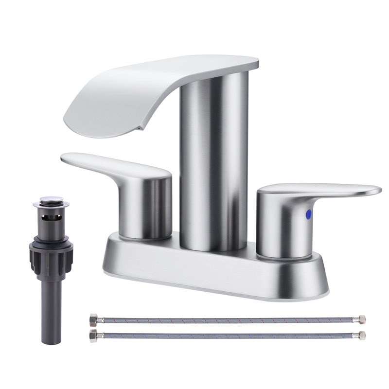 4-inch Centerset Double Handle Waterfall Bathroom Sink Faucet with Pop-up Drain Kit, Brushed Nickel