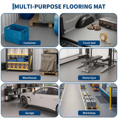 5x10 ft Garage Floor Mat, Thick Diamond Plate PVC, Waterproof, Oil Resistant, Anti-Slip with Double-Sided Tape
