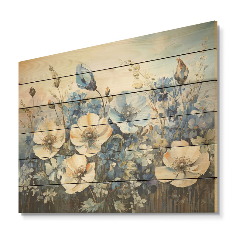 White And Blue Bonnets Country Charm - Flowers Wood Wall Art On Natural Pine Wood, 10" H x 20" W