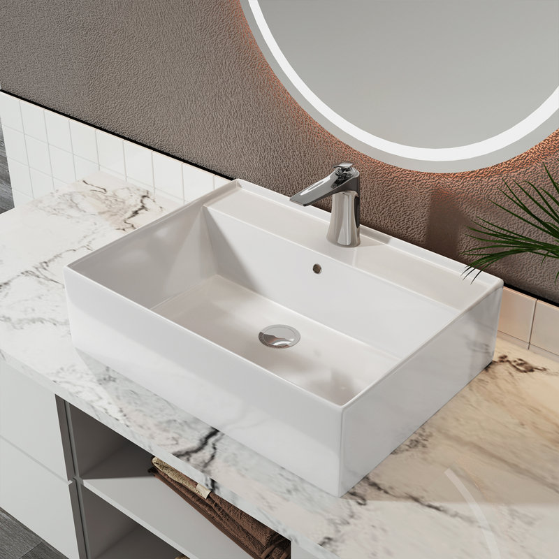 Lavabo de meuble-lavabo de comptoir rectangulaire en céramique blanc 24 po x 17 po x 6,3 po Sinber