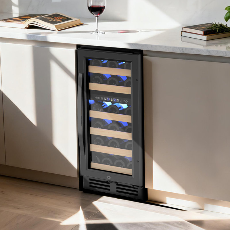 Mini réfrigérateur à vin à deux zones de 15 pouces - peut contenir 30 bouteilles, refroidisseur à vin encastré ou autoportant polyvalent, porte réversible, éclairage à DEL et verrou de sécurité