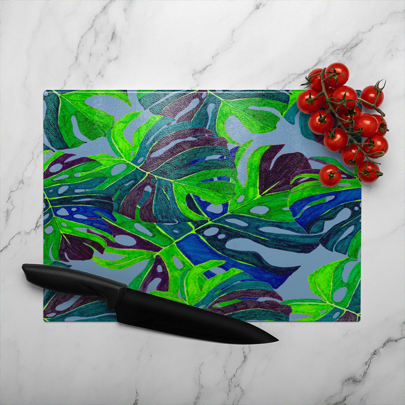 Hand drawn exotic plants Designer Glass Chopping Board, 28cm L x 20cm W